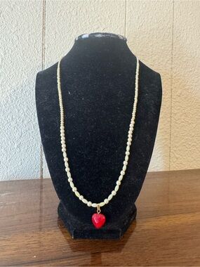 Vintage Pearl Bead Necklace with Red Heart Pendant